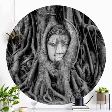 Papier peint rond autocollant - Buddha In Ayutthaya Lined From Tree Roots In Black And White