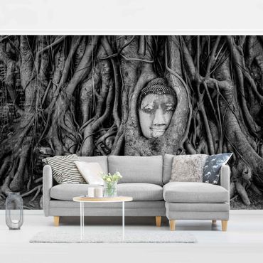 Papier peint - Buddha In Ayutthaya Lined From Tree Roots In Black And White