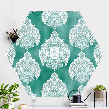 Papier peint hexagonal autocollant avec dessins - Buddha And Lotus Emerald Pattern
