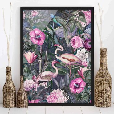 Poster encadré - Colourful Collage - Pink Flamingos In The Jungle