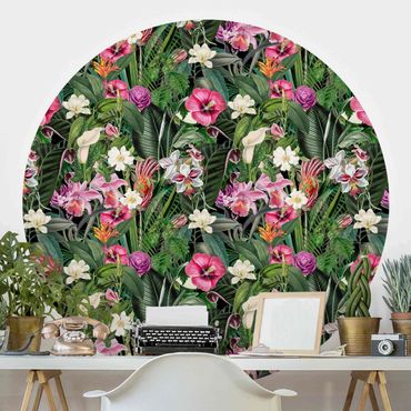 Papier peint rond autocollant - Colourful Tropical Flowers Collage