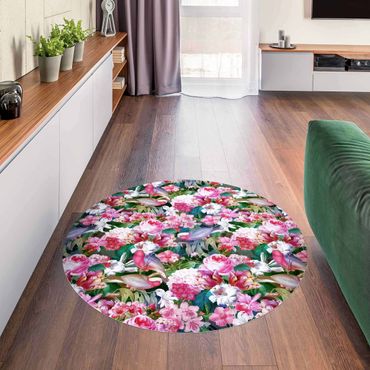 Tapis en vinyle rond|Colourful Tropical Flowers With Birds Pink