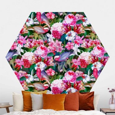 Papier peint hexagonal autocollant avec dessins - Colourful Tropical Flowers With Birds Pink