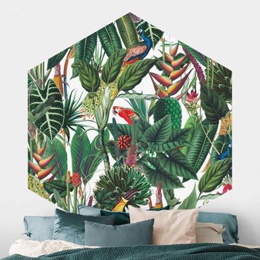 Papier peint hexagonal autocollant avec dessins - Colourful Tropical Rainforest Pattern