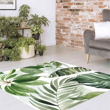 Vinyl Floor Mat - Watercolour Tropical Leaves And Tendrils - Square Format 1:1
