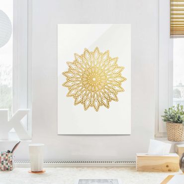 Tableau en verre - Mandala Sun Illustration White Gold