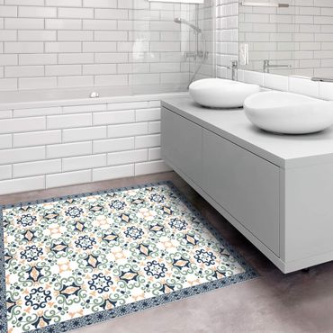 Vinyl Floor Mat - Floral Tiles Yellowish Blue With Border - Square Format 1:1