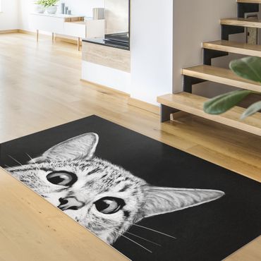 Vinyl Floor Mat - Laura Graves - Illustration Cat Black And White Drawing - Landscape Format 2:1