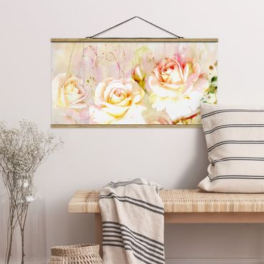 Tableau en tissu avec porte-affiche - Watercolour Flowers Roses