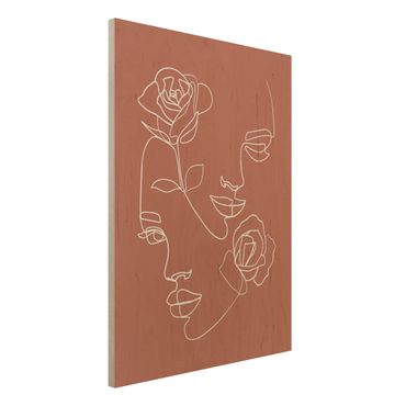Impression sur bois - Line Art Faces Women Roses Copper