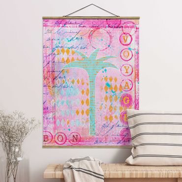Tableau en tissu avec porte-affiche - Colourful Collage - Bon Voyage With Palm Tree