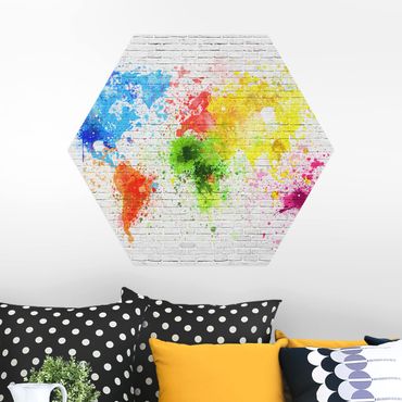 Hexagone en alu Dibond - White Brick Wall World Map