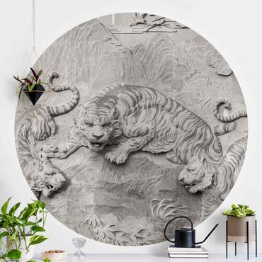 Papier peint rond autocollant - Chinoiserie Tiger In Stone Look