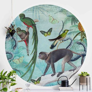 Papier peint rond autocollant - Colonial Style Collage - Monkeys And Birds Of Paradise