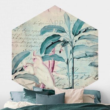 Papier peint hexagonal autocollant avec dessins - Colonial Style Collage - Cockatoos And Palm Trees