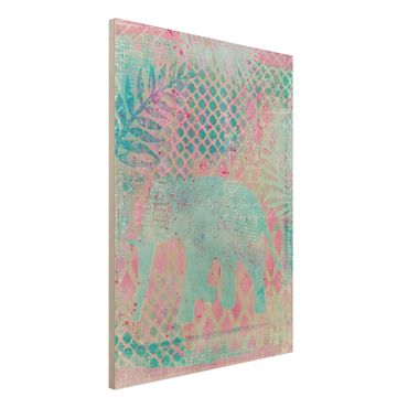 Impression sur bois - Colourful Collage - Elephant In Blue And Pink