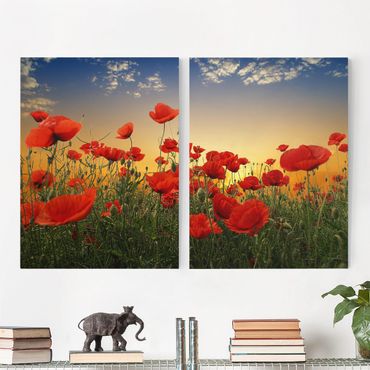 Impression sur toile 2 parties - Poppy Field In Sunset