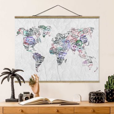 Tableau en tissu avec porte-affiche - Passport Stamp World Map