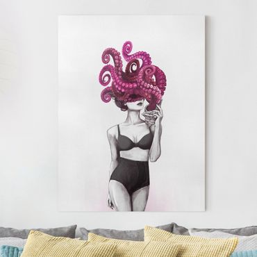 Tableau sur toile - Illustration Woman In Underwear Black And White Octopus
