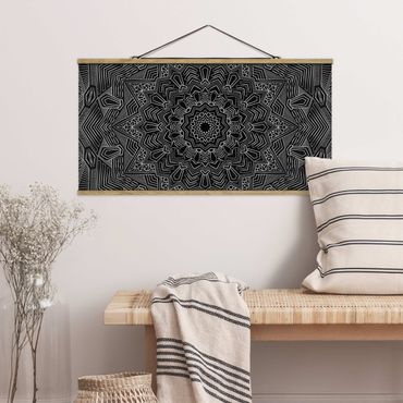 Tableau en tissu avec porte-affiche - Mandala Star Pattern Silver Black