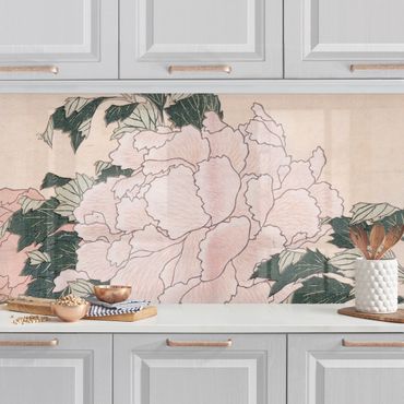 Revêtement mural cuisine - Katsushika Hokusai - Pink Peonies With Butterfly