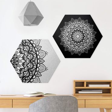 Hexagone en alu Dibond - Mandala Illustration Shabby Set Black White