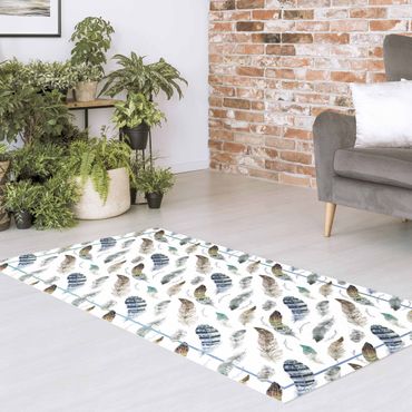 Vinyl Floor Mat - Boho Watercolour Feathers In Earthy Colours With Frame - Portrait Format 1:2