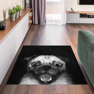 Vinyl Floor Mat - Laura Graves - Illustration Dog Pug Painting On Black And White - Square Format 1:1