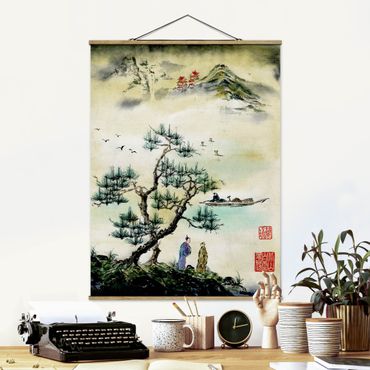 Tableau en tissu avec porte-affiche - Japanese Watercolour Drawing Pine And Mountain Village