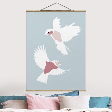 Tableau en tissu avec porte-affiche - Line Art Pigeons Pastel