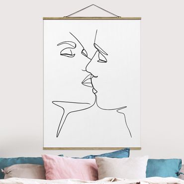 Tableau en tissu avec porte-affiche - Line Art Kiss Faces Black And White