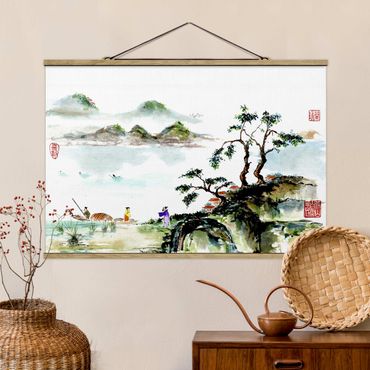 Tableau en tissu avec porte-affiche - Japanese Watercolour Drawing Lake And Mountains