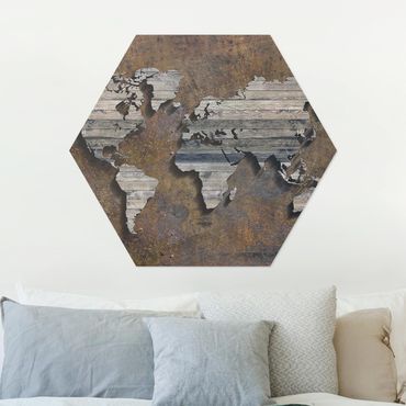 Hexagone en alu Dibond - Wooden Grid World Map