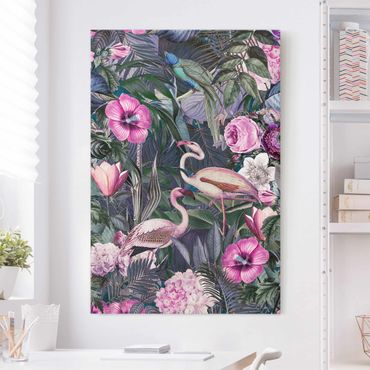 Impression sur toile - Colourful Collage - Pink Flamingos In The Jungle