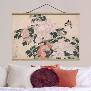 Tableau en tissu avec porte-affiche - Katsushika Hokusai - Pink Peonies With Butterfly