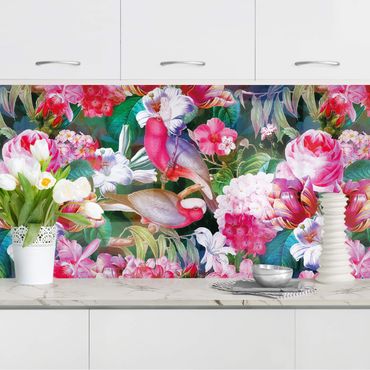 Revêtement mural cuisine - Colourful Tropical Flowers With Birds Pink