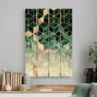 Impression sur bois - Green Leaves Golden Geometry