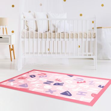 Vinyl Floor Mat - Alphabet With Hearts And Dots In Light Pink With Frame - Portrait Format 1:2