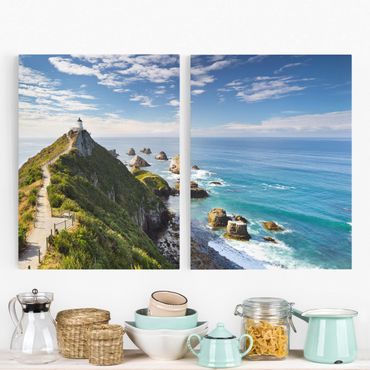 Impression sur toile 2 parties - Nugget Point Lighthouse And Sea New Zealand