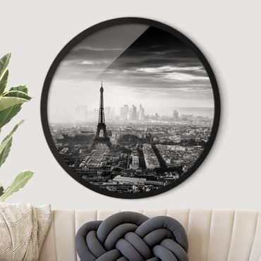 Tableau rond encadré - La torre Eiffel dall'alto in bianco e nero