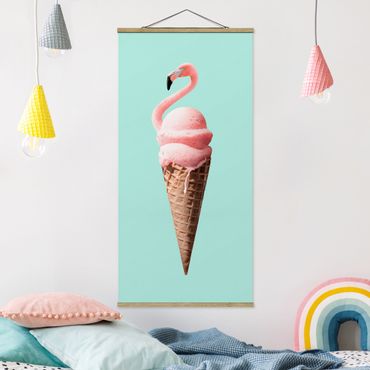 Tableau en tissu avec porte-affiche - Ice Cream Cone With Flamingo