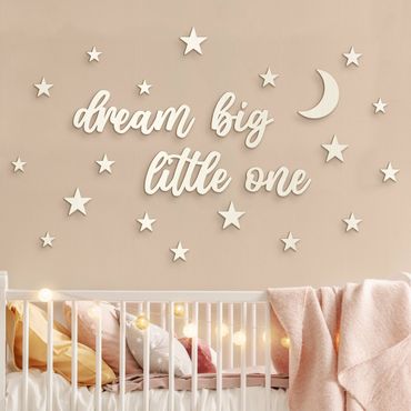 Déco murale en bois avec lettres en 3D - Dream big little one - Lune & étoiles