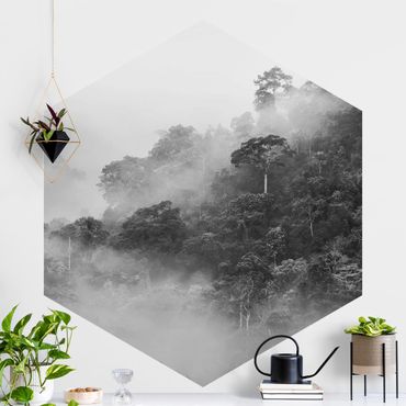 Papier peint hexagonal autocollant avec dessins - Jungle In The Fog Black And White