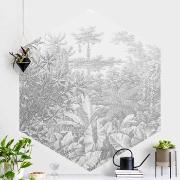 Papier peint panoramique hexagonal autocollant - Jungle Copperplate Engraving