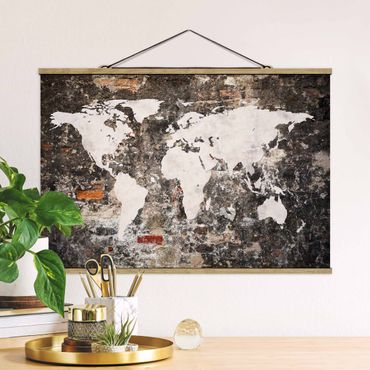 Tableau en tissu avec porte-affiche - Old Wall World Map