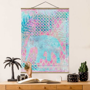 Tableau en tissu avec porte-affiche - Colourful Collage - Elephant In Blue And Pink