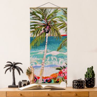 Tableau en tissu avec porte-affiche - Palm Tree With Pink Flowers I
