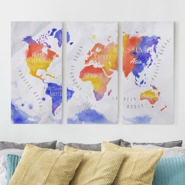 Impression sur toile 3 parties - World Map Watercolour Purple Red Yellow