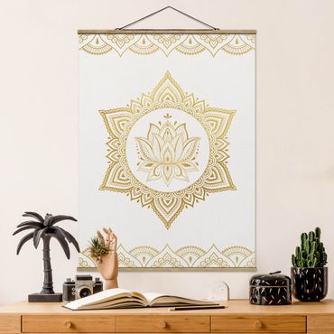 Tableau en tissu avec porte-affiche - Mandala Lotus Illustration Ornament White Gold
