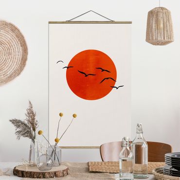 Tableau en tissu avec porte-affiche - Flock Of Birds In Front Of Red Sun I